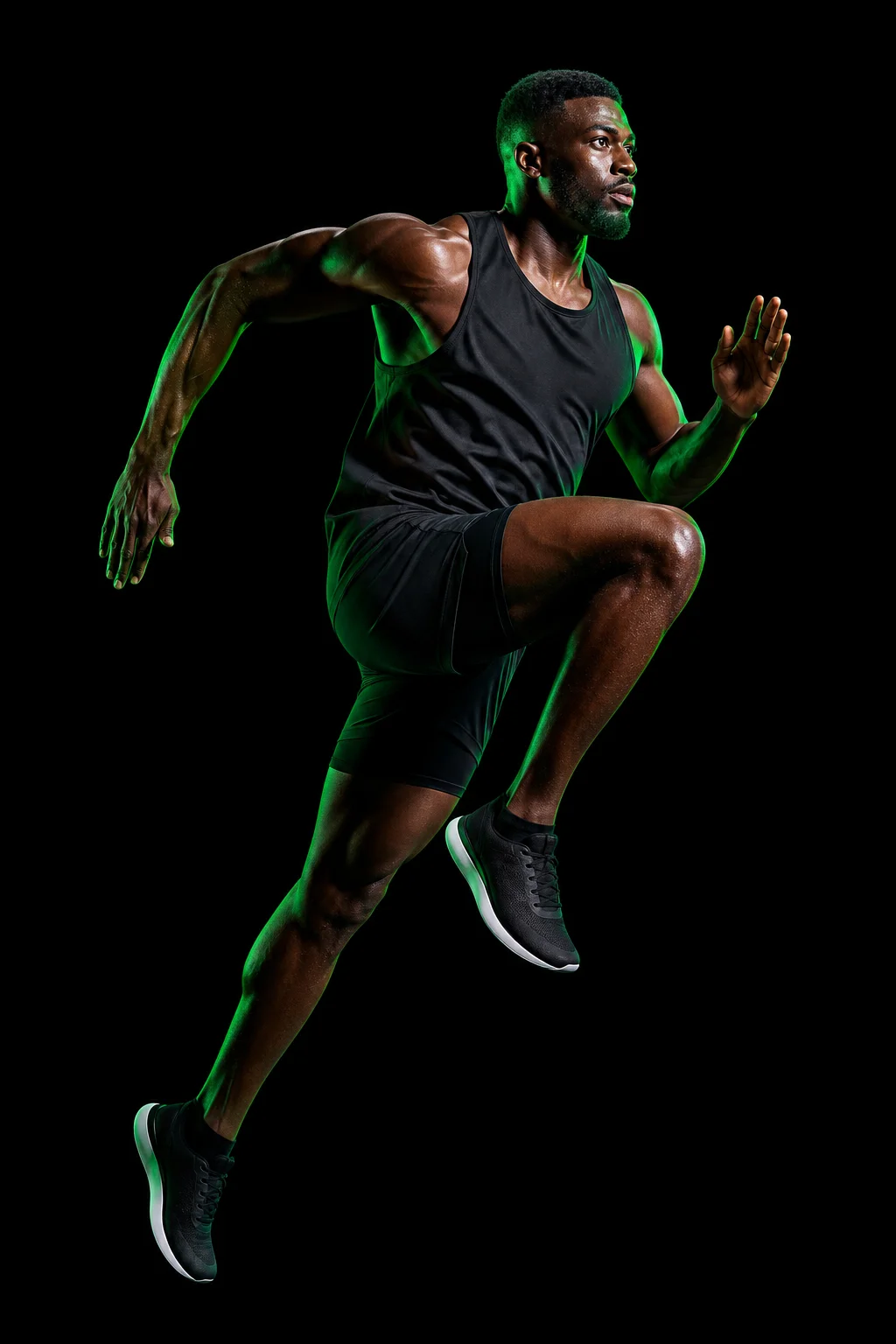 Athlete mid-jump in green light